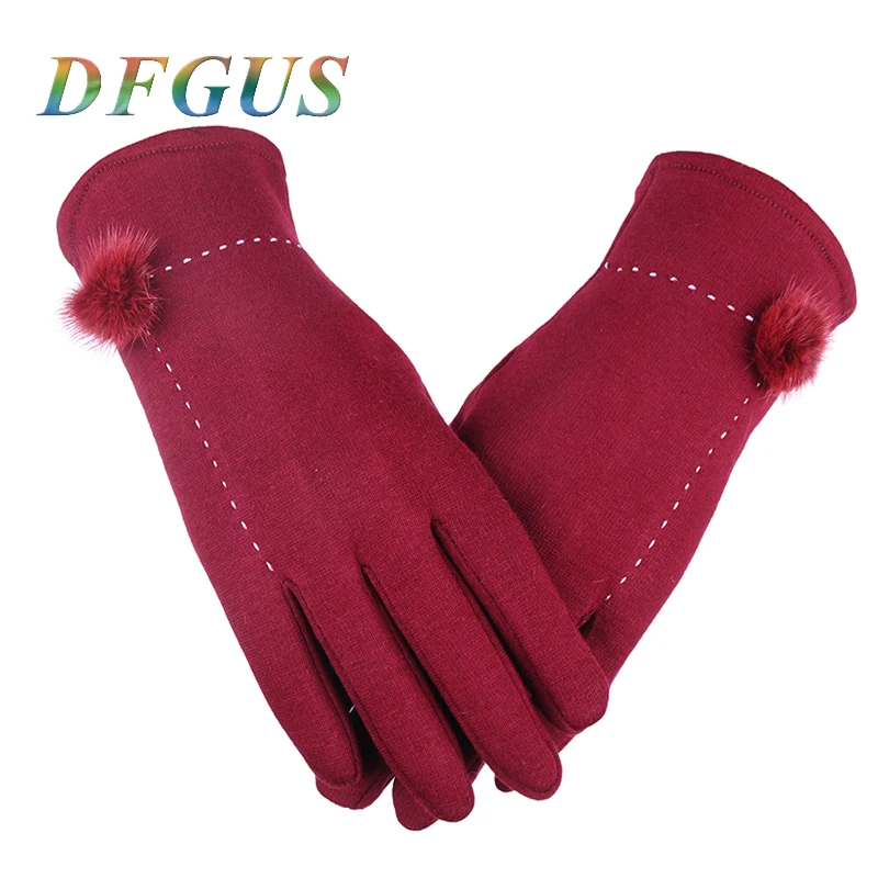 

Touch Screen Women Gloves Winter Fashion Elegant Female Wool Warm Cashmere Full Finger Leather Bow Dotted embroidery Gloves