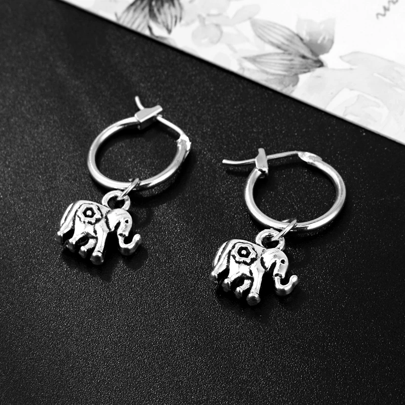 1pair European Retro Small Elephant Pendant Hoop Earrings Women Antique Color Circle Earring Funny Jewelry E555 | Украшения и