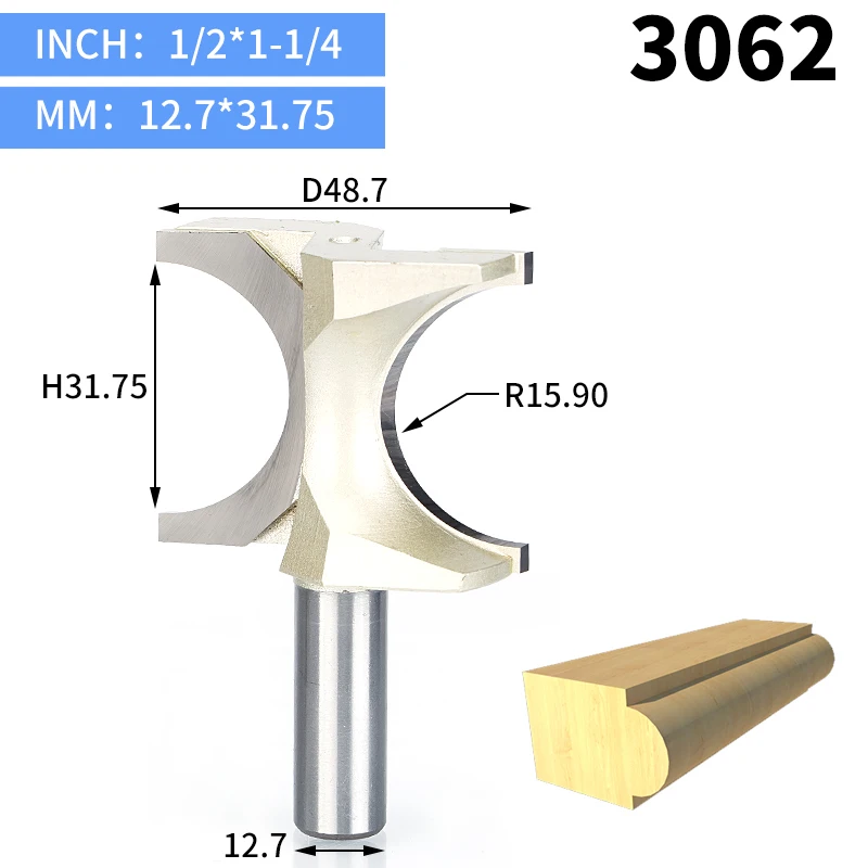 3062 HUHAO 1pcs 1/2" Shank Half Round bit 2 flute endmill Router Bits for wood without bearing Woodworking Tool milling cutter - Длина режущей кромки: 3062