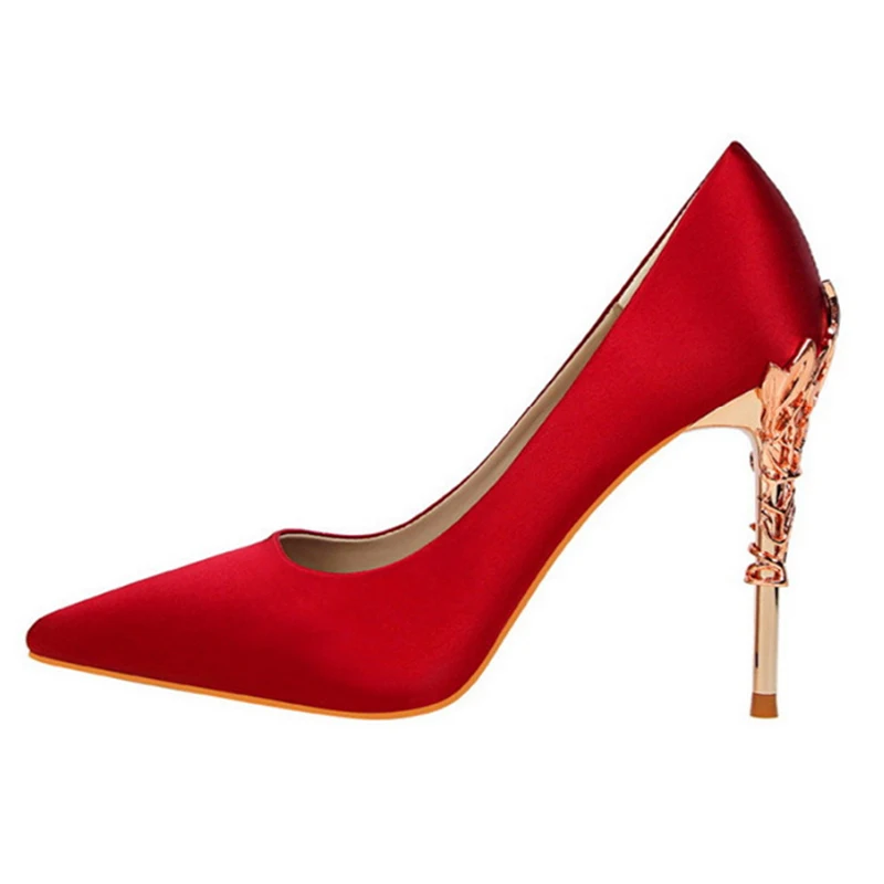 High Heel Shoes Woman Elegant Metal Carved Heels For Women Pumps Soild Silk Pointed Toe Shallow Women's Wedding | Обувь