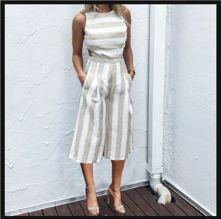 Модные стильные свободные женские Комбинезоны повседневные полосатые летние