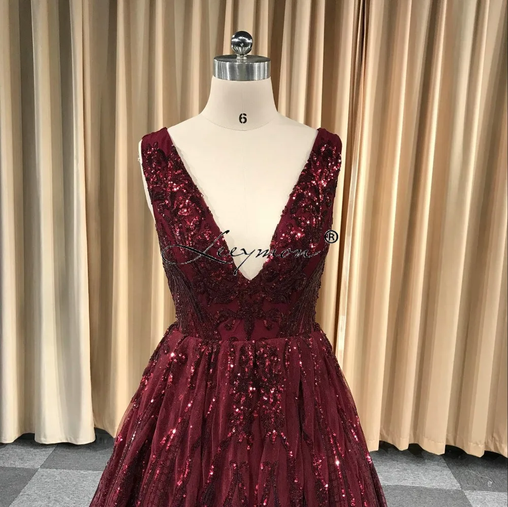 Leeymon2020   Free Shipping V-Neck Prom Dresses Sequins Lace Evening Party Dress A-Line Vestido De Festa Cheap Long Prom Dress