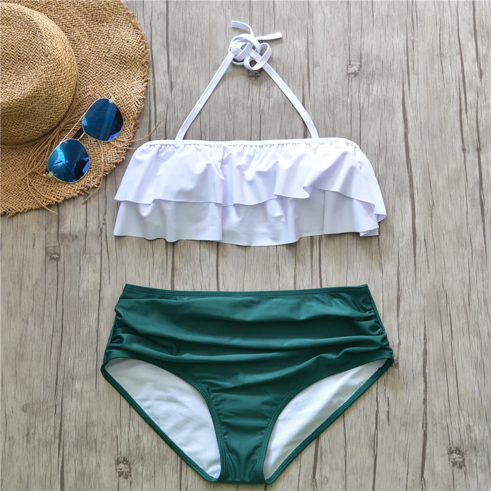 

2019 Bikini Set Sexy Halter Ruffle Swimwear Women Plus Size Swimsuit Off Shoulder High Waist Print Swim Wear Beach Bathing Suit