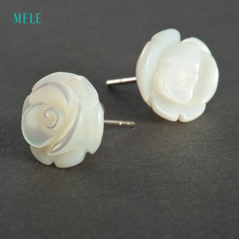 MELE натуральный черный агат и белый seashell, розовый кварц серебряные серьги, 12 мм для размера цветка, романтический и красивый