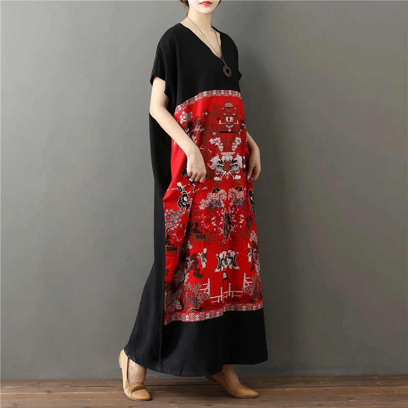 Женское льняное платье-макси в литературном стиле свободное платье пэчворк