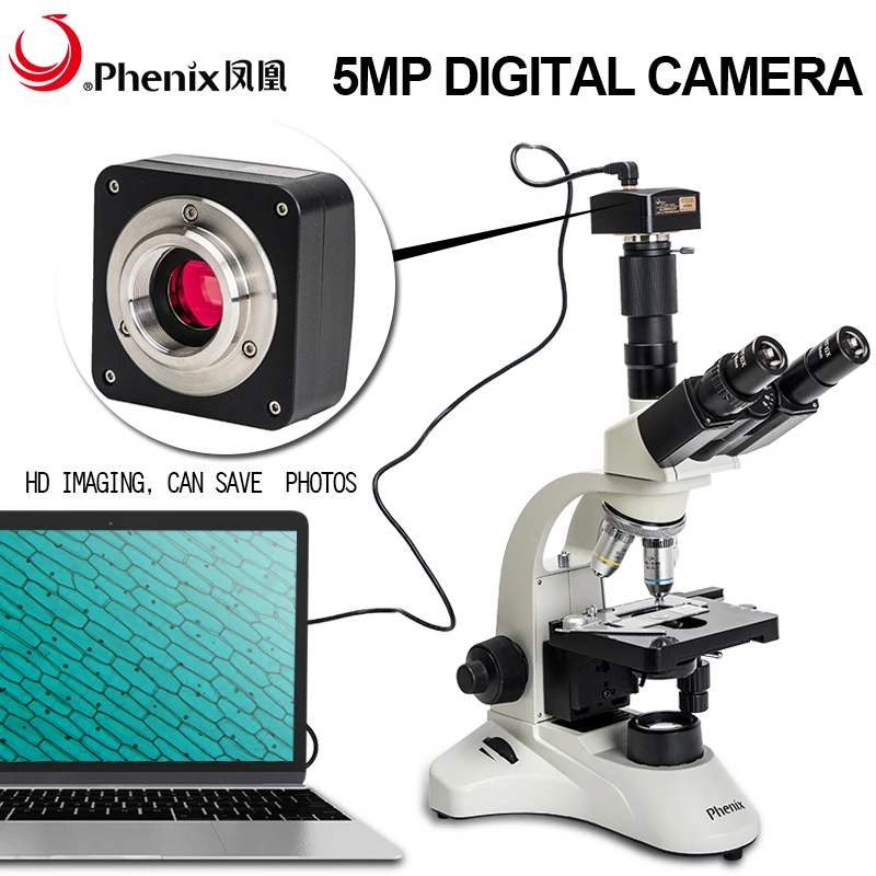 Phenix PH50-3A43L-A USB Биологический микроскоп 5MP цифровая камера 40X-1600X бинокулярный