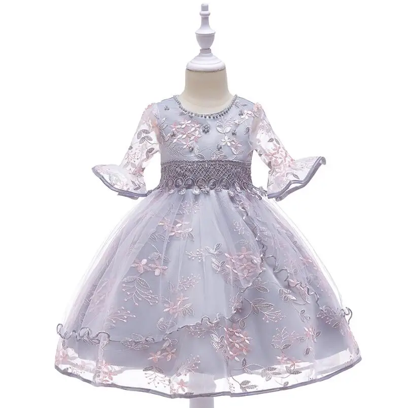 Girl Flare sleeves Embroidered Gauze Princess Dress Neckline Beaded For Child's Wedding Birthday Party Outfits | Детская одежда и