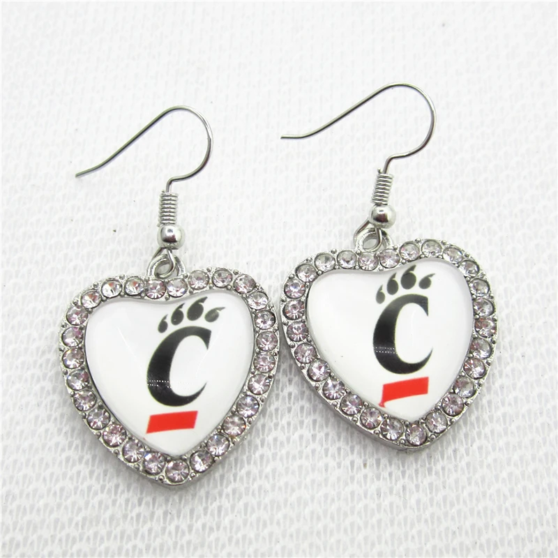 

US Cincinnati 10pcs Crystal Heart Bearcat Necklace Jewelry With 45cm Chains Sports Necklace Jewelry University Charms