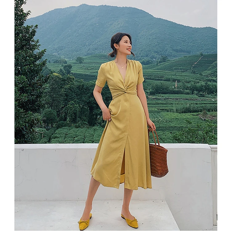 

2019 New Arrive France style Women Wrap Dress V-neck Short Sleeve Crossover Ties Waist A-line Dress Lady Vintage Vestidos