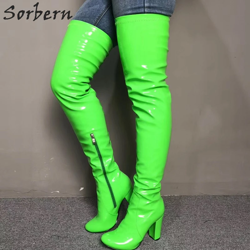 Sorbern Neon Green/женские облегающие высокие сапоги на блочном каблуке; Модные женские облегающие расклешённые сапоги