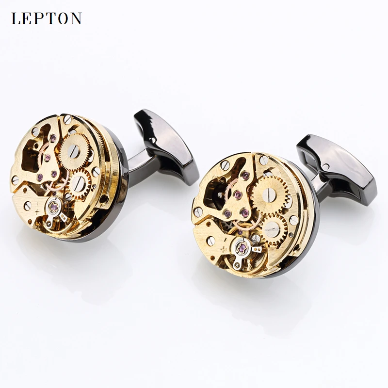 

Newest Gold Color Watch Movement Cufflinks of immovable Hot Stainless Steel Steampunk Gear Watch Mechanism Cuff links for Mens