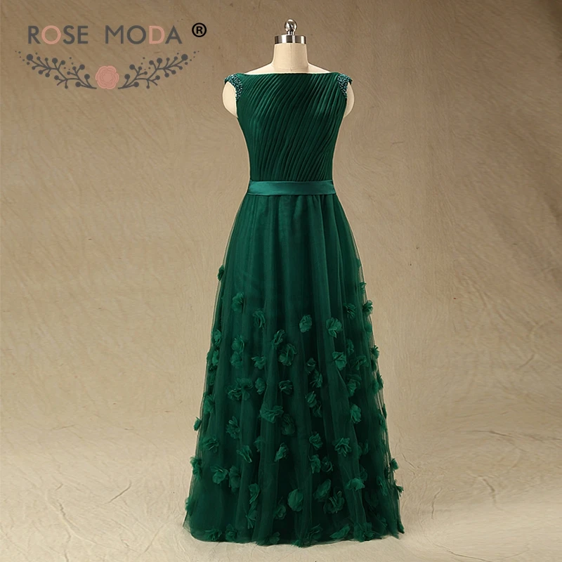 

Rose Moda High Neck Green Floor Length Evening Dress Sleeveless 3D Flowers Formal Party Dress 2019 Plus Size