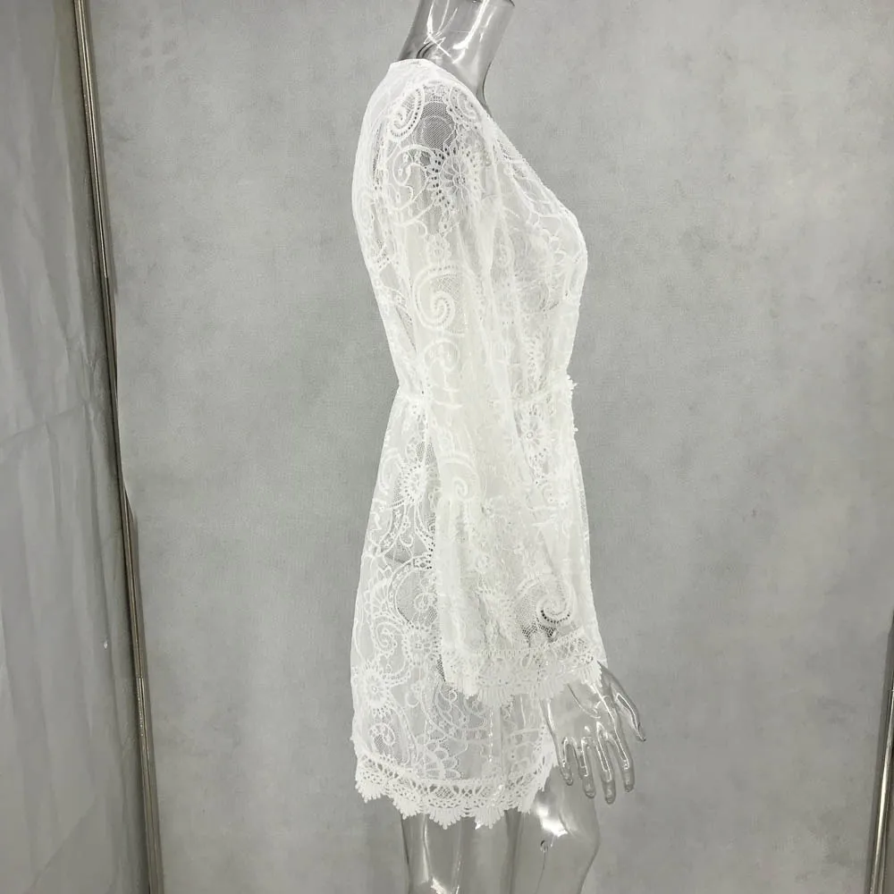

2019 Lace Bikini Cover Up Sexy Hollow Ruffles Tunic Summer Long Sleeves Smock Overall See Through Blouse Beach Dress MS-DZT590