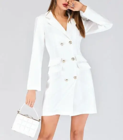 

double row button Black white V-neck breasted suit long sleeve blazer dress