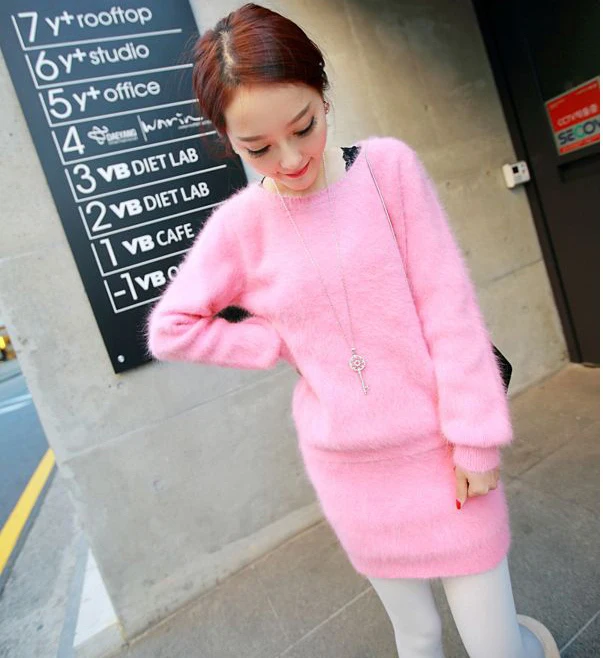 100% Genuine mink cashmere sweater women Plush pure pullovers + bag hip skirt suit free shipping S71 | Женская одежда