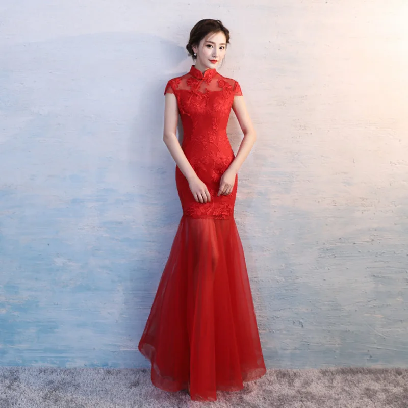 

Red Mermaid Chinese Evening Dress Modern Cheongsam Sexy Oriental Style Dresses Bride Wedding Qipao Long Chinese Clothes Women