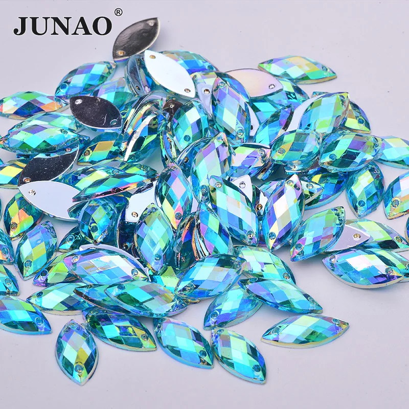 Кристаллы аквамарин 7*15 мм JUNAO AB, акриловые стразы для шитья с плоским основанием, конский глаз, Необычные кристаллы, камни для шитья, стразы