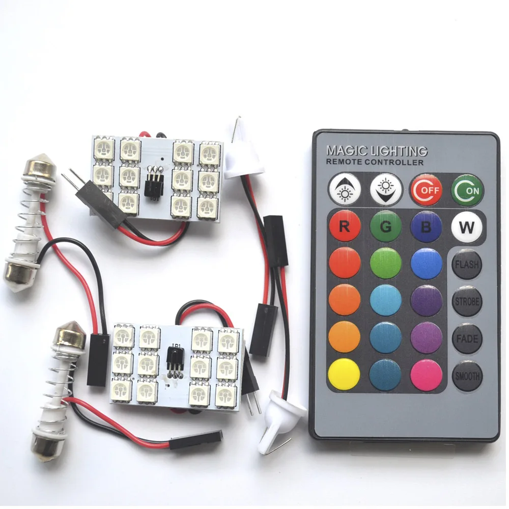2X T10 12SMD 15Smd 24smd 36SMD пульт дистанционного управления Rgb Авто Светодиодная панель авто светильник s чтение купол фестон дверной светильник BA9S адаптер DC 12V - Цвет: 12SMD