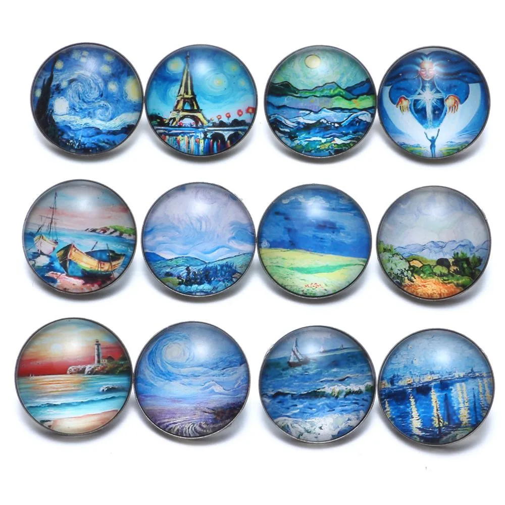

12pcs/lot Canvas Painting Theme Glass Charms 18mm Snap Button Jewelry For 20mm Snaps Bracelet Snap Jewelry KZ0701