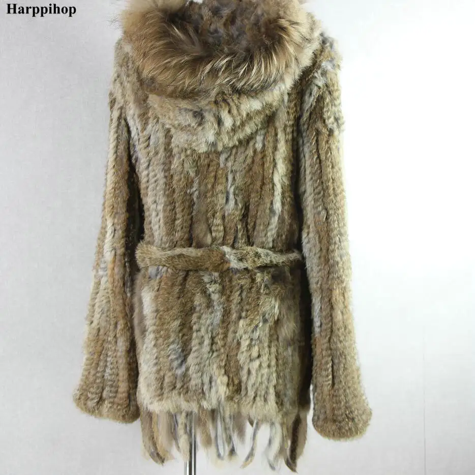 free shipping lady knitted Real rabbit fur coat/ jacket/ outware with hood women belt long with tassels 2019 Brazil hot sale