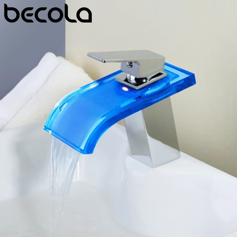 Светодиодный смеситель для раковины BECOLA ванной комнаты 3 цвета стекло датчик
