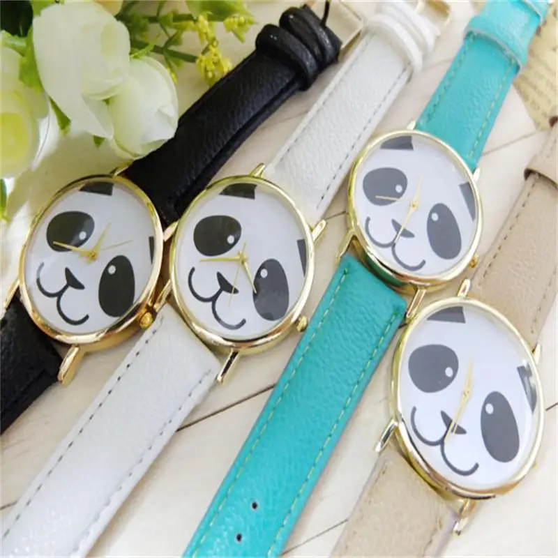 Модные женские кварцевые часы с ремешком из искусственной кожи рисунком панды |