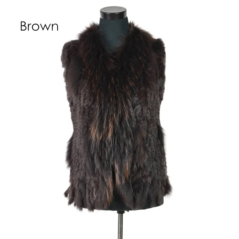 Brown VR001-17,, женский жилет из натурального кроличьего меха с воротником из меха енота, жилет/куртки из кроличьего меха - Цвет: Brown
