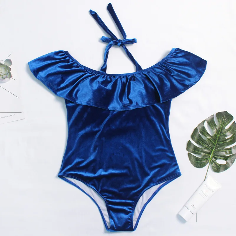 4XL плюс размер женский цельный купальник бархатный с открытыми плечами