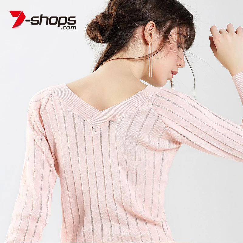 Женский хлопковый свитер с V-образным вырезом и длинным рукавом | Женская одежда