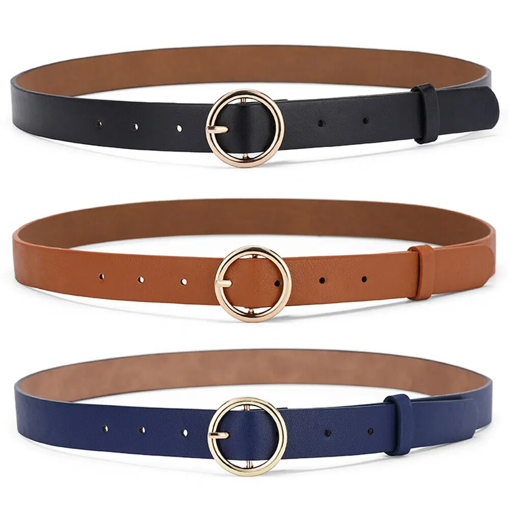Женский кожаный пояс с круглой пряжкой однотонный металлической для девушек и
