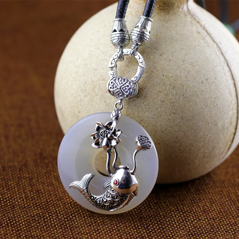 Женский винтажный кулон из серебра 100% пробы с белым нефритом|fine jewelry|jewelry necklace