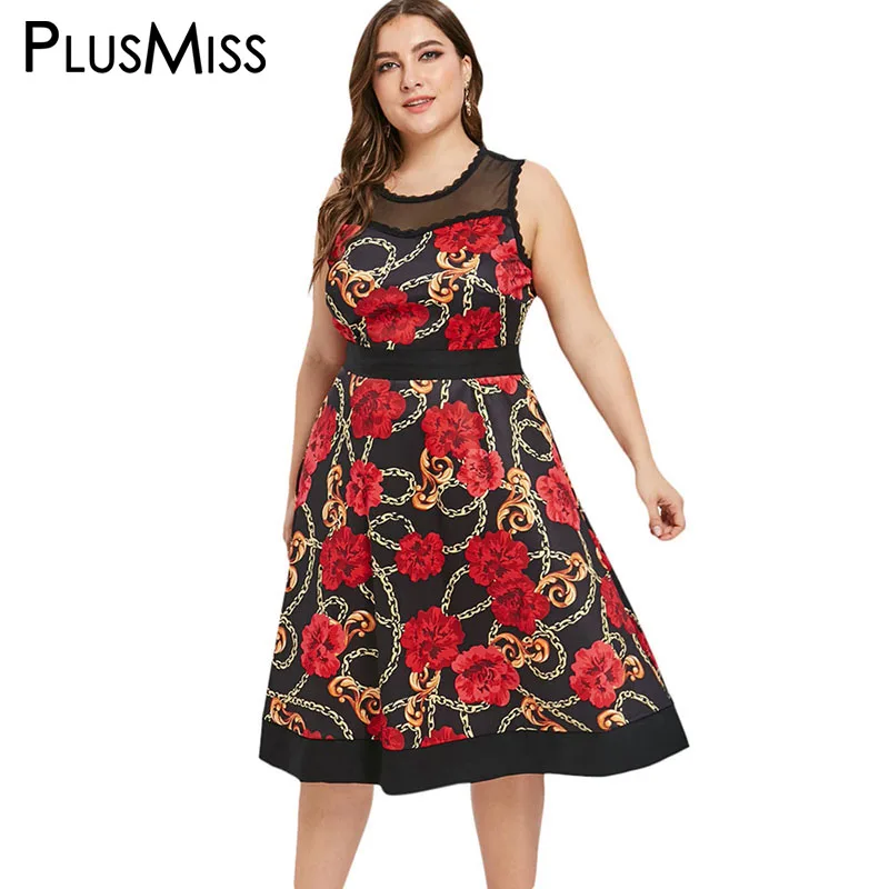 PlusMiss плюс размеры 5XL Винтаж с цветочным принтом сетки платья для вечеринок женщин