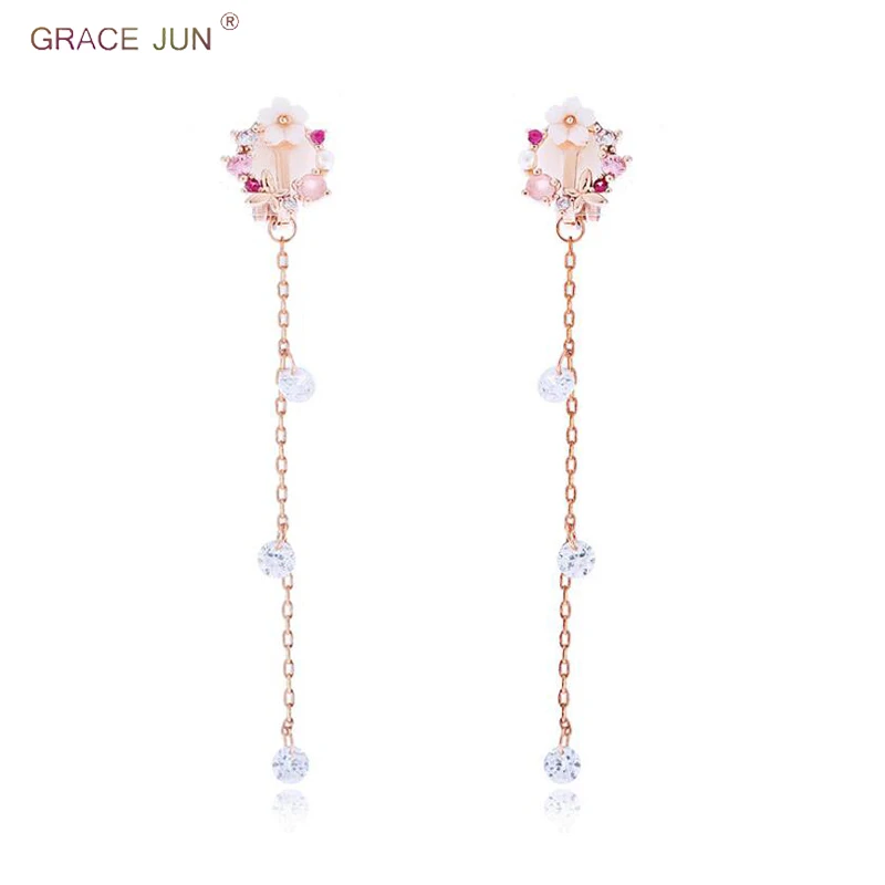 Бренд GRACE JUN корейские очаровательные цветочные серьги-клипсы с длинными