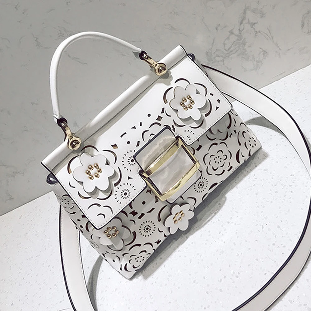 SFG HOUSE White Hollow Out Handbag Elegant Flower Summer Women Bag Luxury Casual PU Flap Messenger Bags | Багаж и сумки