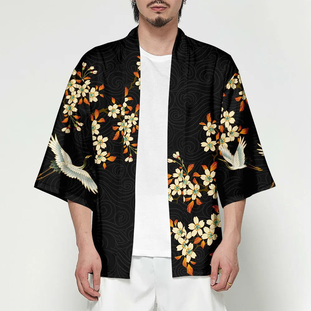 

Crane Robe Shirt Seven-quarter Sleeve Japanese Kimono Causal National Customs Men's Wear Loose Coat Cardigan Summer Clothing