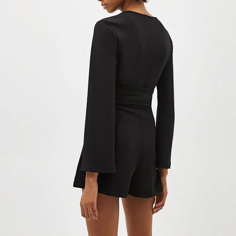 JuneLove Women Long Flare Sleeve Playsuits Vintage Sexy V-Neck Female Solid Casual Sashes Loose Lady Romper | Женская одежда