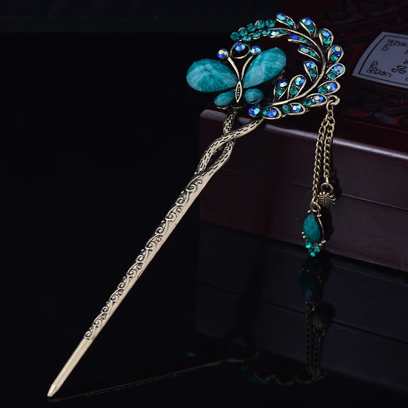 Retro Charm Flower Butterfly Hairpin Colorful Rhinestone Hair Stick New Arrival Women Accessories | Украшения и аксессуары