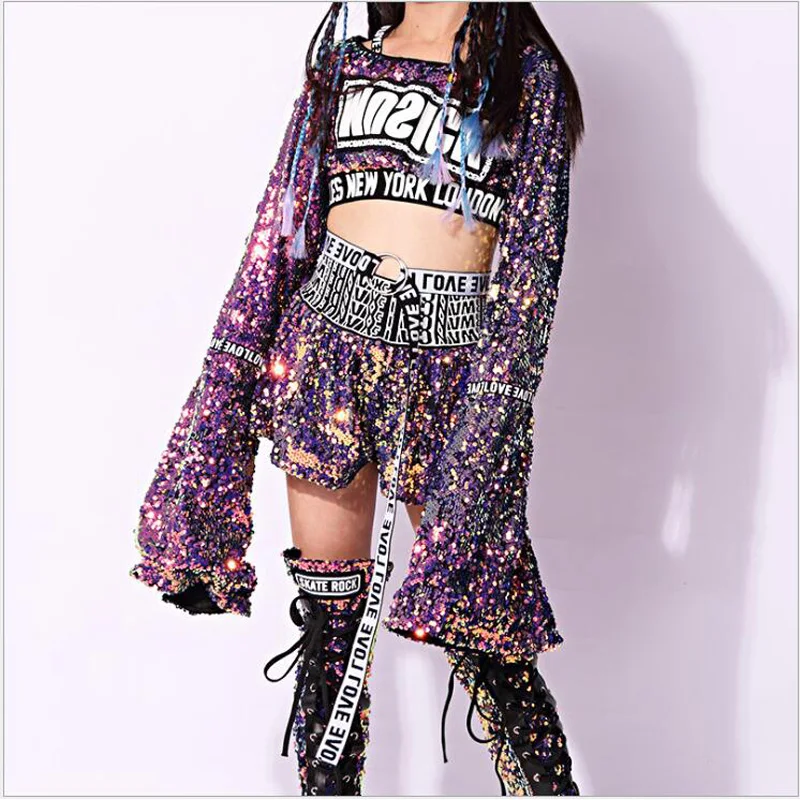 Детский свитер в стиле хип хоп расшитый блестками Топ и штаны для девочек