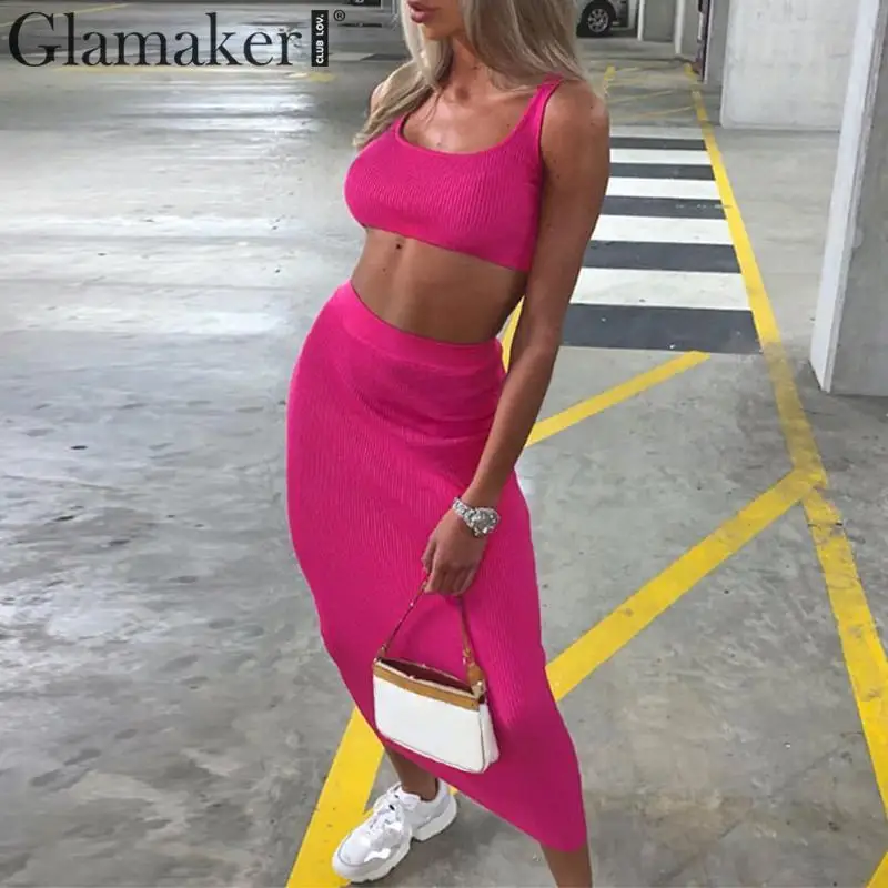 Glamaker, костюм из двух частей, облегающее платье, женский укороченный топ, весна-лето, высокая талия, платье миди, женское элегантное платье для вечеринки, Новинка