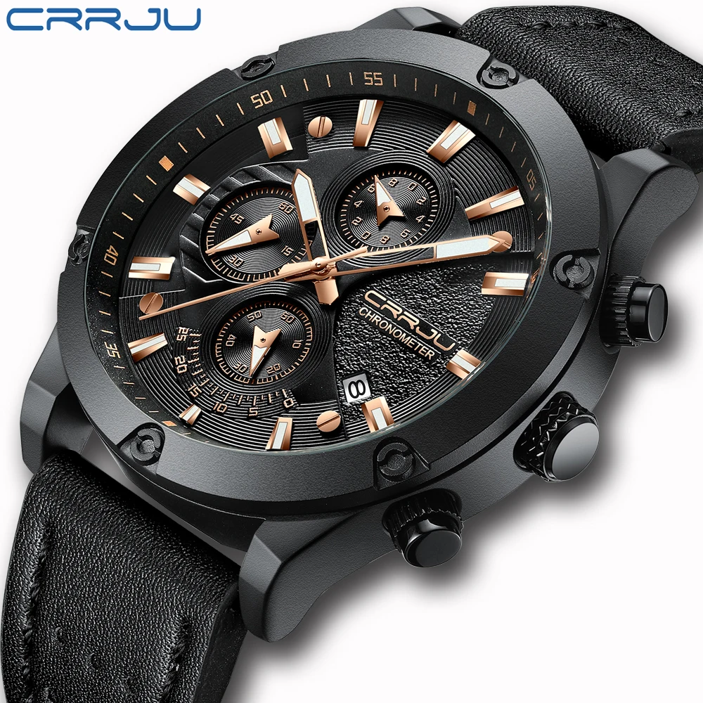 

Часы reloj hombre CRRJU Мужские кварцевые с хронографом, модные водонепроницаемые наручные, с кожаным ремешком, для спорта на открытом воздухе