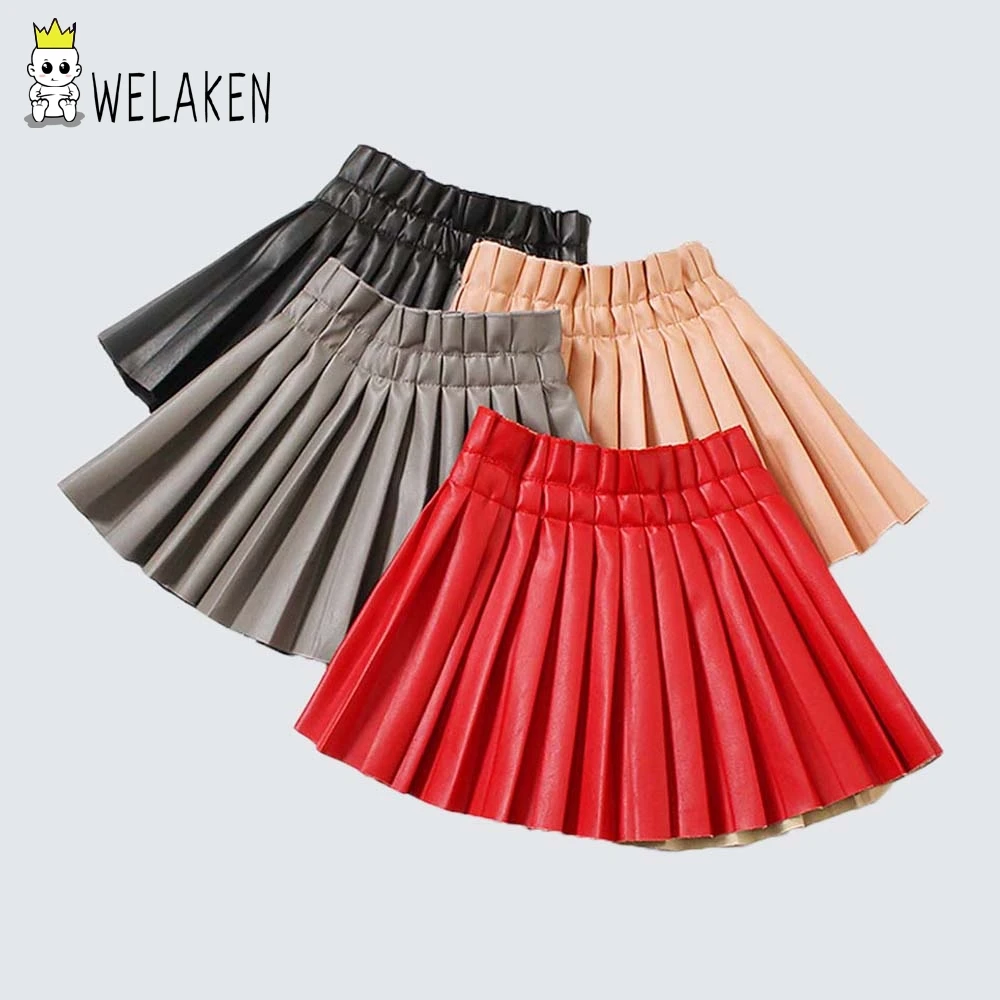 WeLaken/юбки из искусственной кожи для девочек; коллекция года; модная плиссированная юбка из искусственной кожи с эластичной резинкой на талии для маленьких девочек; Детская короткая юбка; одежда для детей