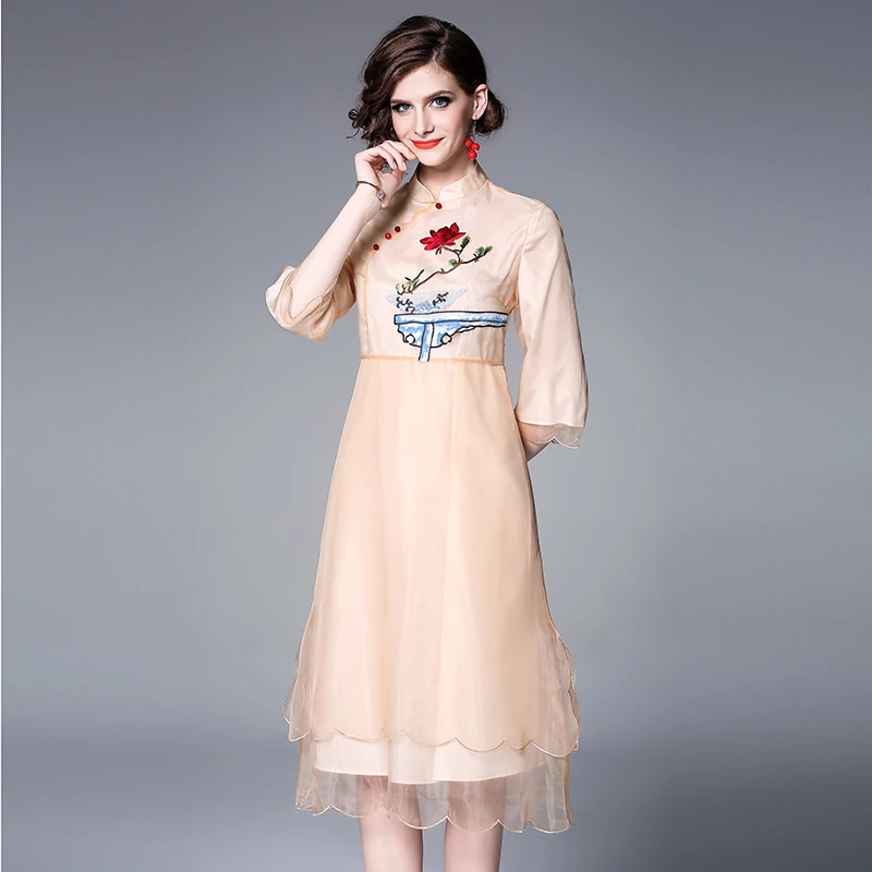 Женское Сетчатое платье Cheongsam с вышивкой элегантное в китайском стиле коротким