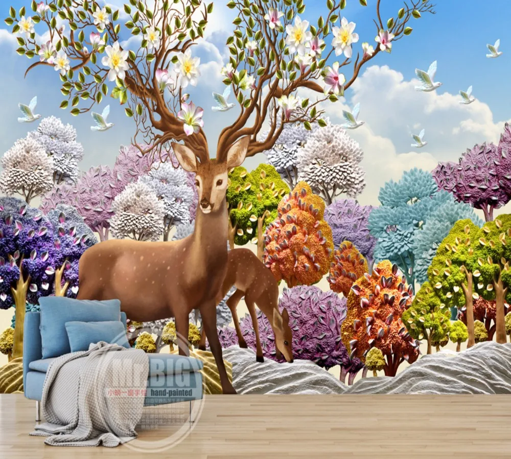 

Free Shipping Nordic 3D Anaglyph Fantasy Forest Deer Sofa TV Background Wall Painting Colorfull Wallpaper Custom 3d Mural