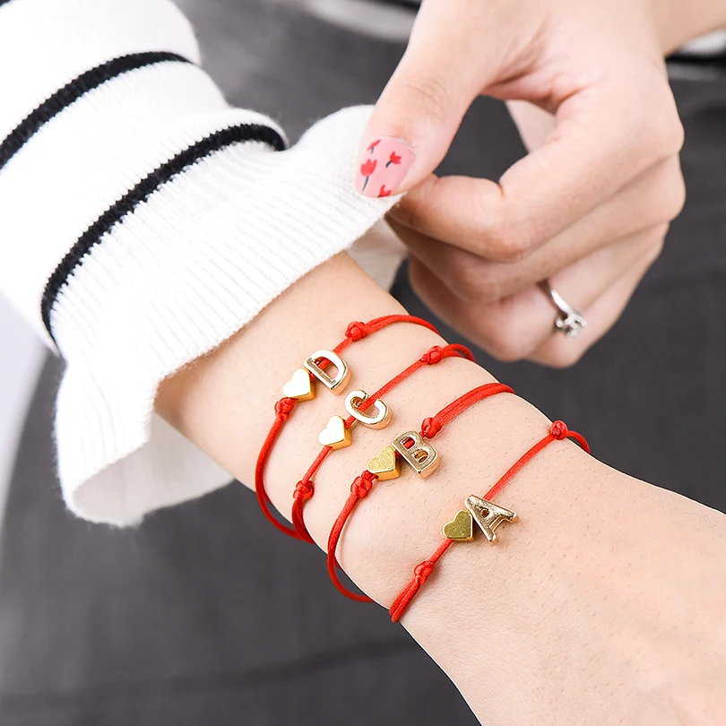 IYOE Gold Silver Color Tiny Heart Initials Name Letter Bracelet For Women Men Kids Hand Braided Red Rope Bracelets Couple Gifts