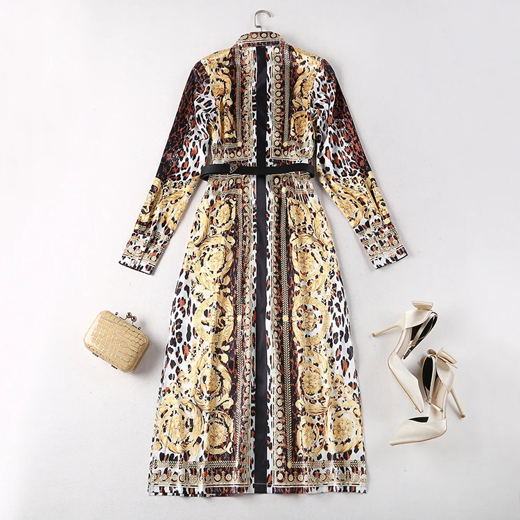 AELESEEN Vintage Runway Dress Women Summer Fashion Sashes Mid-Calf Plus Size XXXXL Split Luxury Leopard Print Dress