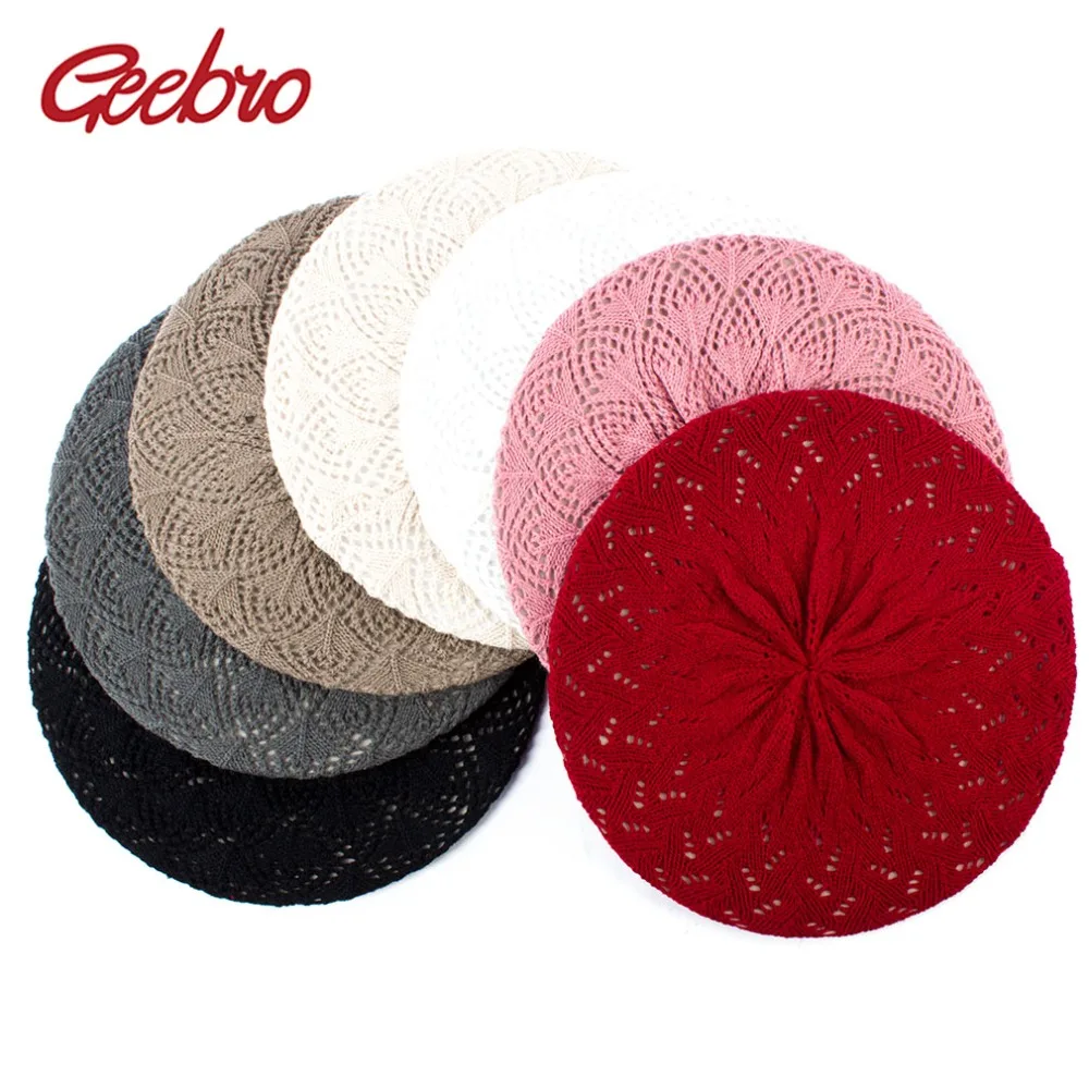 Geebro женский однотонный вязаный дышащий берет шляпа Повседневный тонкий
