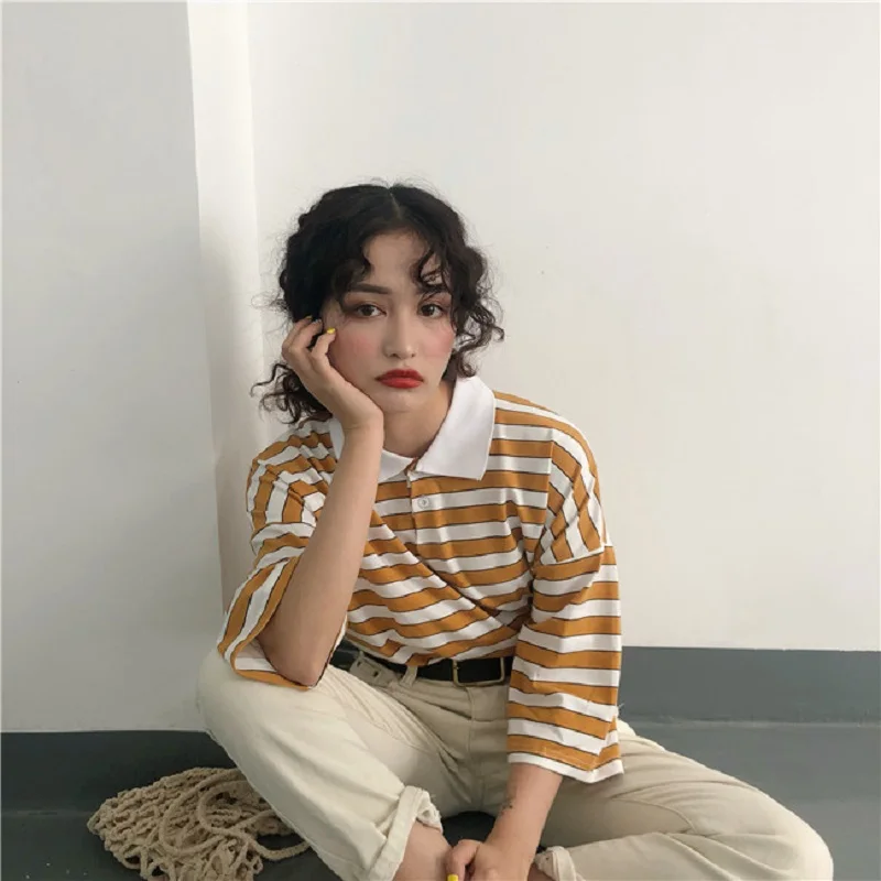 Ulzzang, летняя, с коротким рукавом, с отложным воротником, женская, большой размер, в полоску, свободная, новая, Harajuku, половина, винтажная, хлопковая футболка, топы