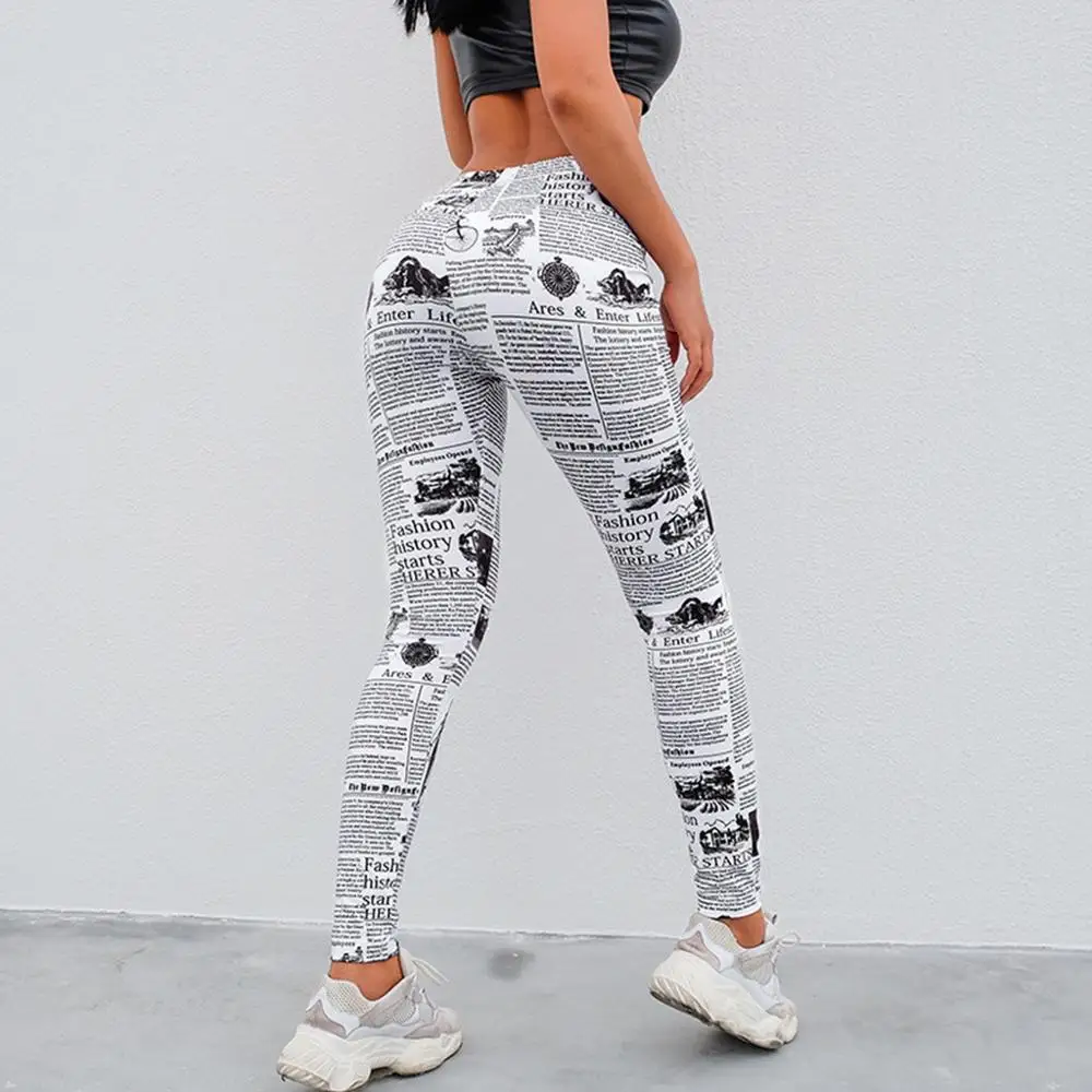 Женские Модные тренировочные штаны с газетным принтом для бега йоги спортивные