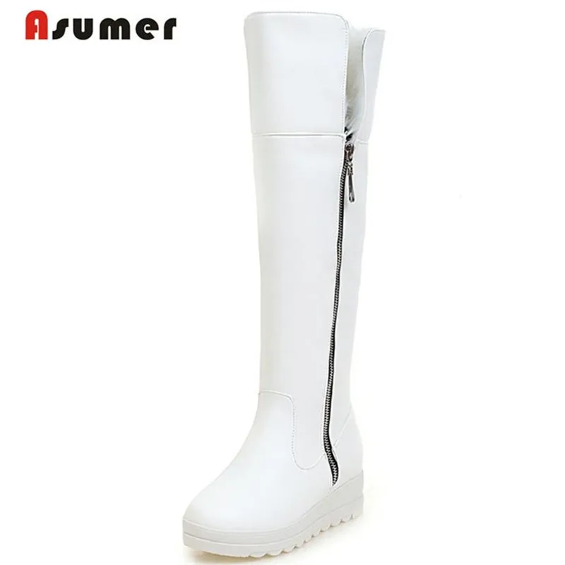 Asumer сапоги до колена; зимние теплые удобные высокие сапоги для женщин; обувь на платформе; большие размеры 43; однотонные зимние сапоги