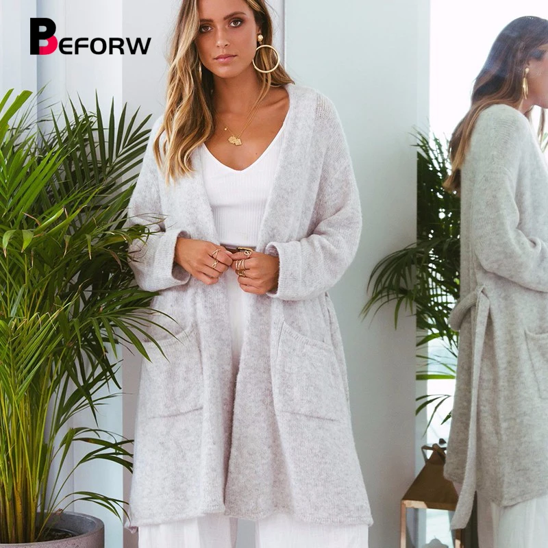 BEFORW 2018 Женский Повседневный черный карман трикотажный длинный кардиган свитер